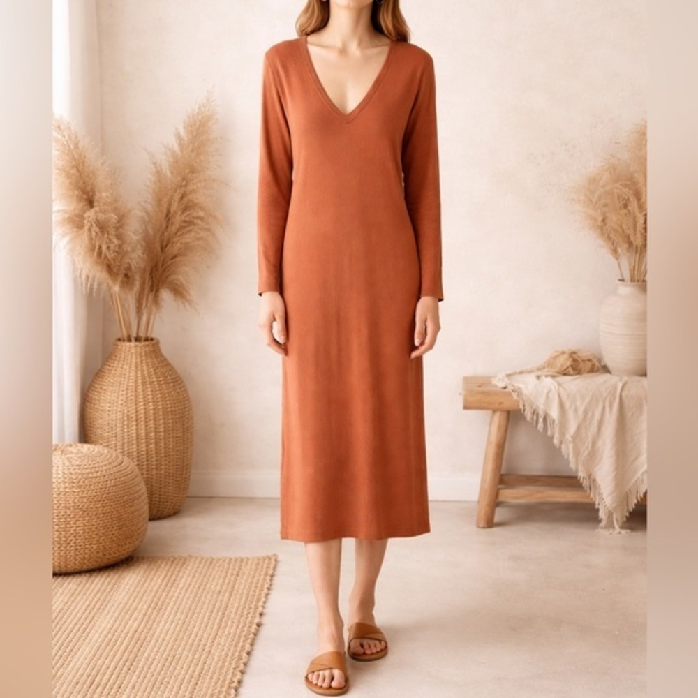Aritzia Wilfred V-Neck Long Sleeve Oversize Lagenlook Midi Dress in Tan
